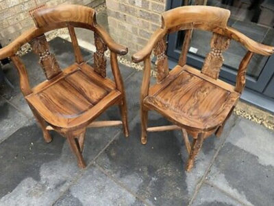 Pair of corner chairs / solid hardwood carved chai