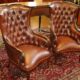 Stunning Pair of Mahogany Real Leather Tufted Lib